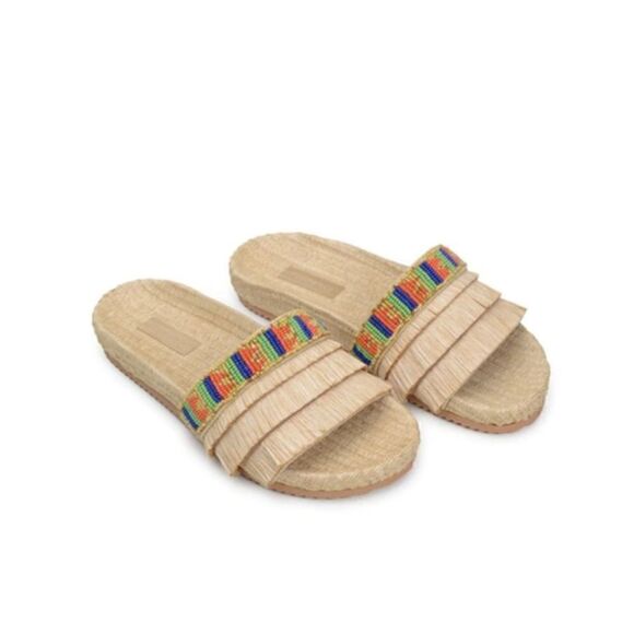 New Farm Rio Caramel Beaded Fringe Sandals Slides Size 10